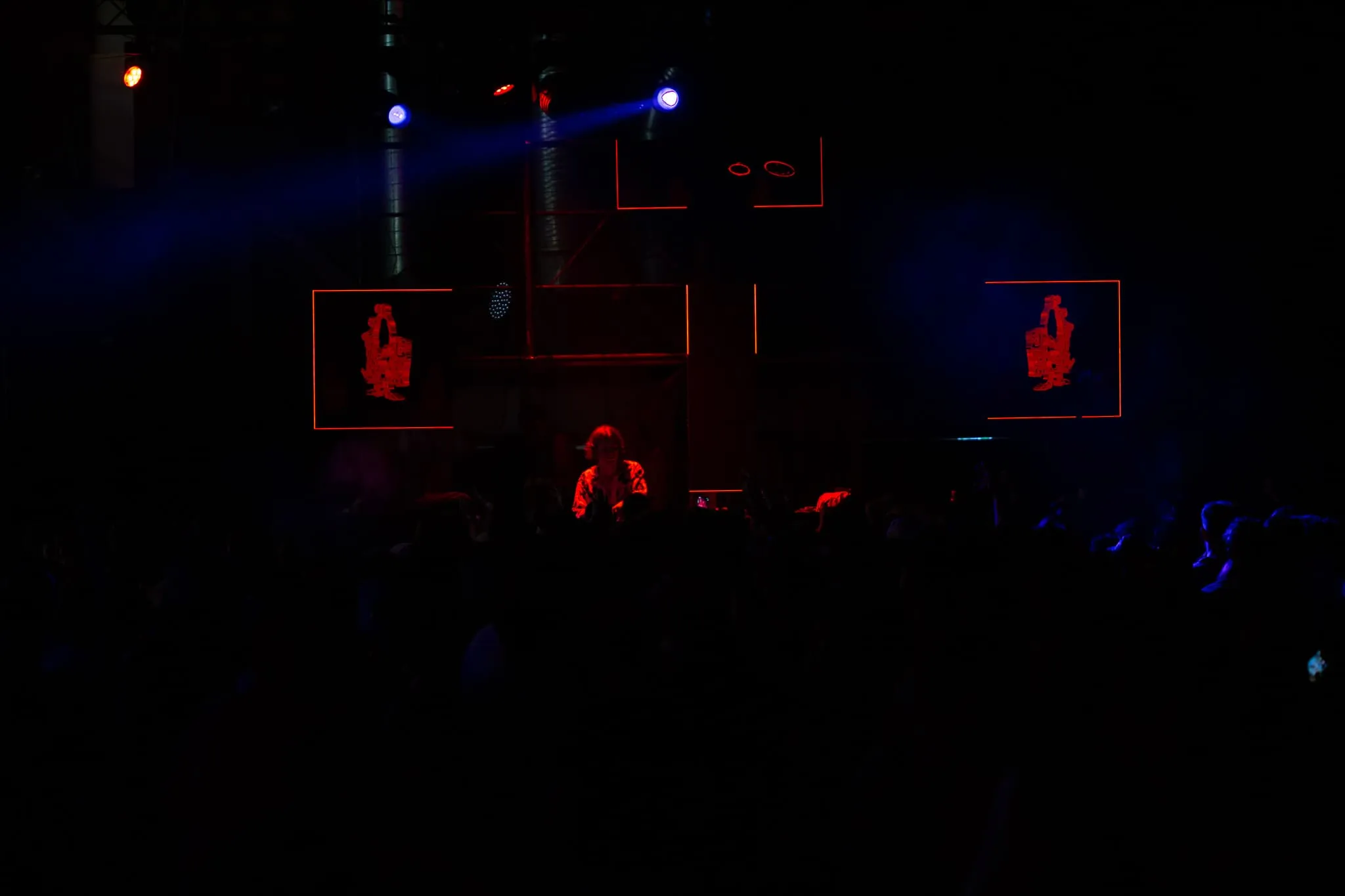 Mall grab is dimly lit djing in the centre of the image with a crowd infront. LED panels around him are lit on the edges in red with a red 3d logo on the two outer screens.