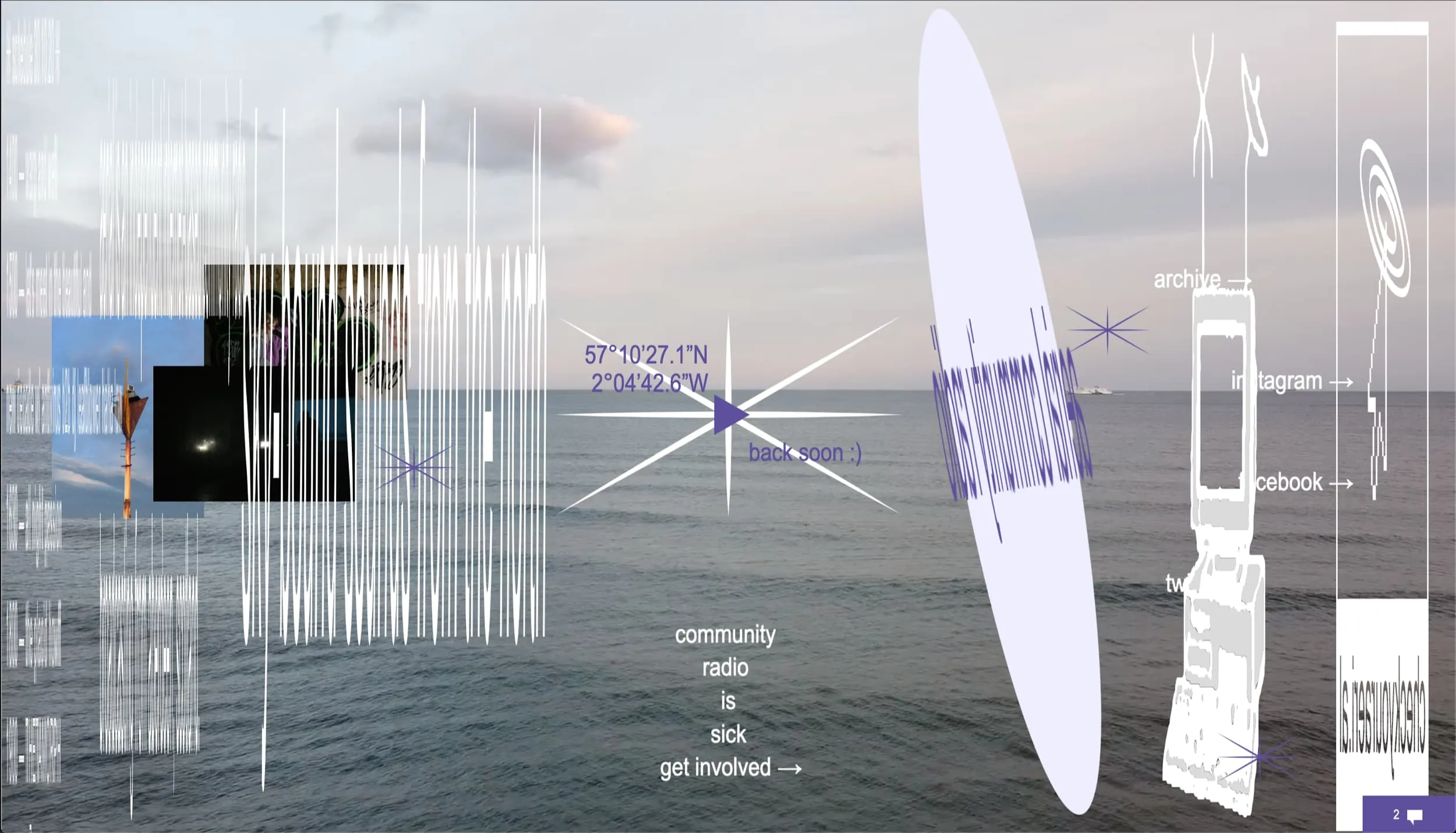 Aerial website homepage — skewed elements and text sit on top of an image of the North Sea