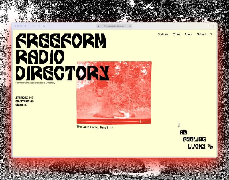 Website homepage for Freeform Radio Directory in a mocked-up browser with a red shadow on a pixelated image