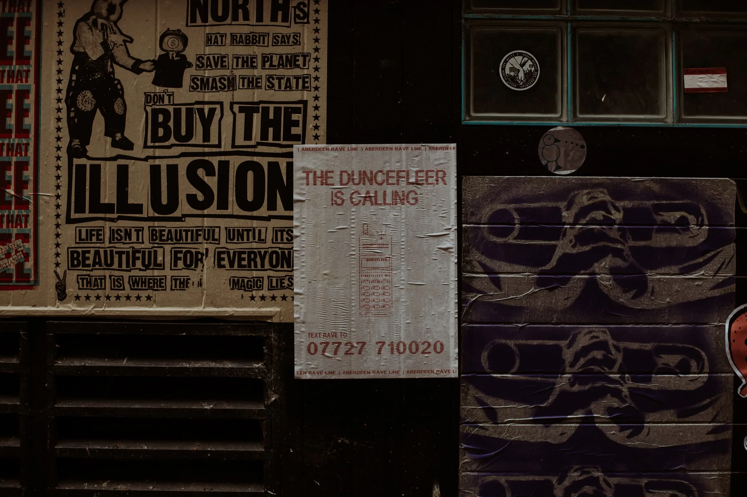 Aberdeen rave line riso poster pasted up